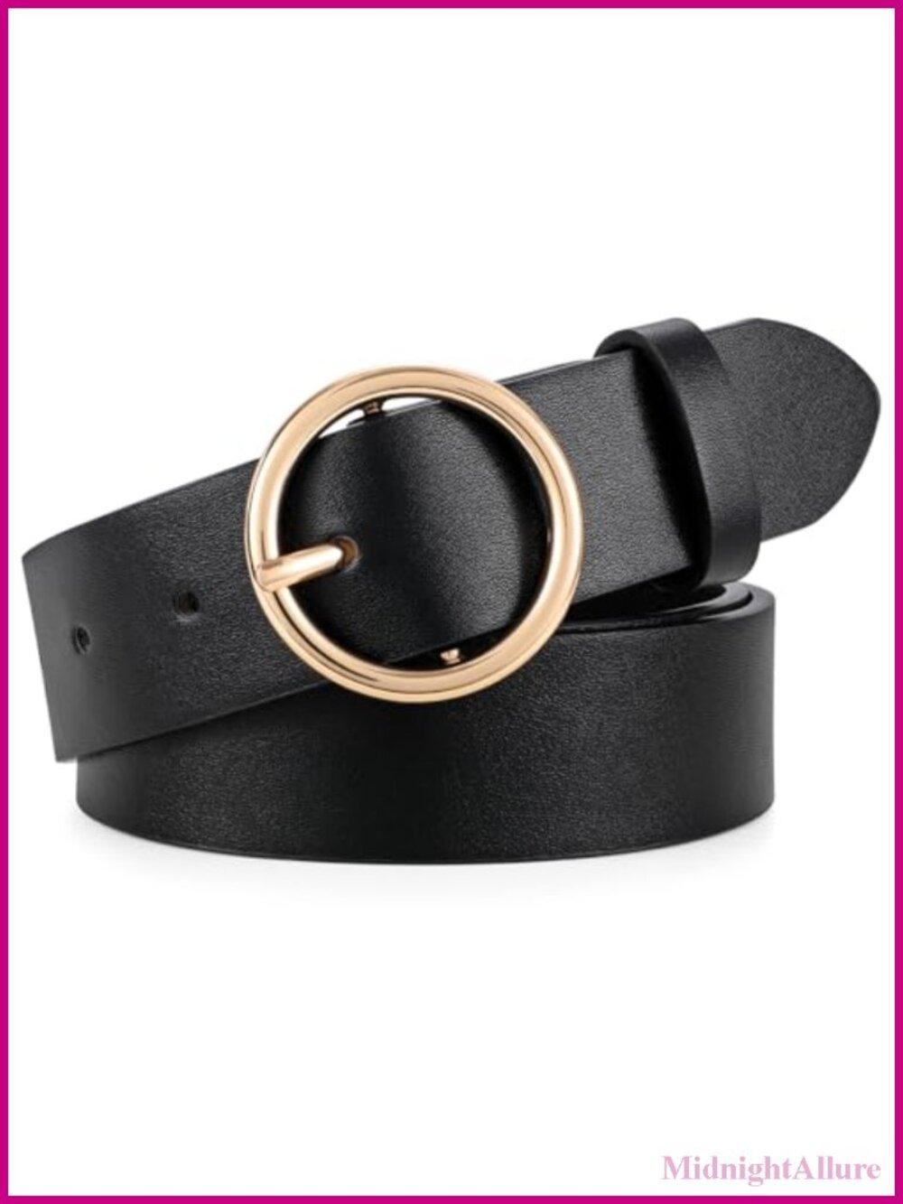 Vegan Leather Belt with Round Metal Buckle Adjustable Women's Waist Belt